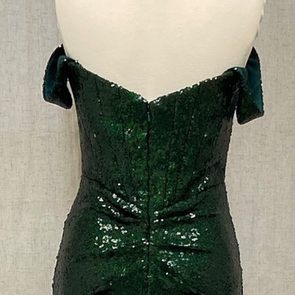 NEW LONG OFF THE SHOULDER EMBROIDERED SEQUIN DRESS WITH ZIPPER BACK NX R1203 - Picture 8 of 9